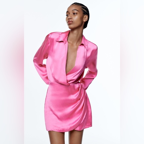 Zara Valentine’s satin pink long sleeve wrap mini dress coctail Wedding party - Picture 10 of 13
